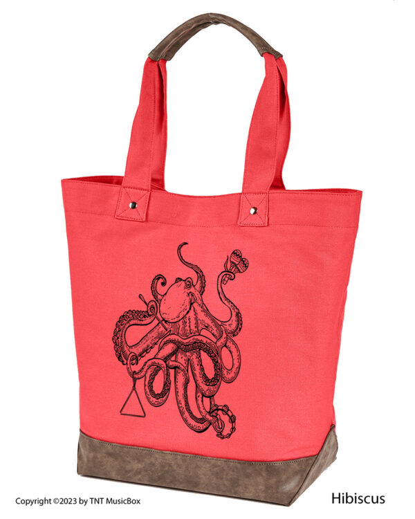 Octopus Playing Percussion graphic on Hibiscus colored 14oz. canvas tote. Comes Cotton lined with zippered pocket and magnetic snap closure.