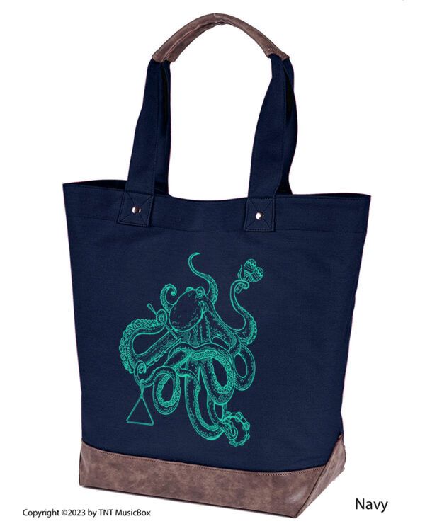 Octopus Playing Percussion graphic on Navy colored 14oz. canvas tote. Comes Cotton lined with zippered pocket and magnetic snap closure.