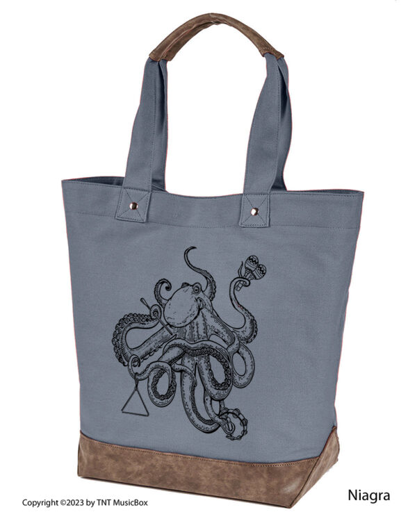 Octopus Playing Percussion graphic on Niagra colored 14oz. canvas tote. Comes Cotton lined with zippered pocket and magnetic snap closure.