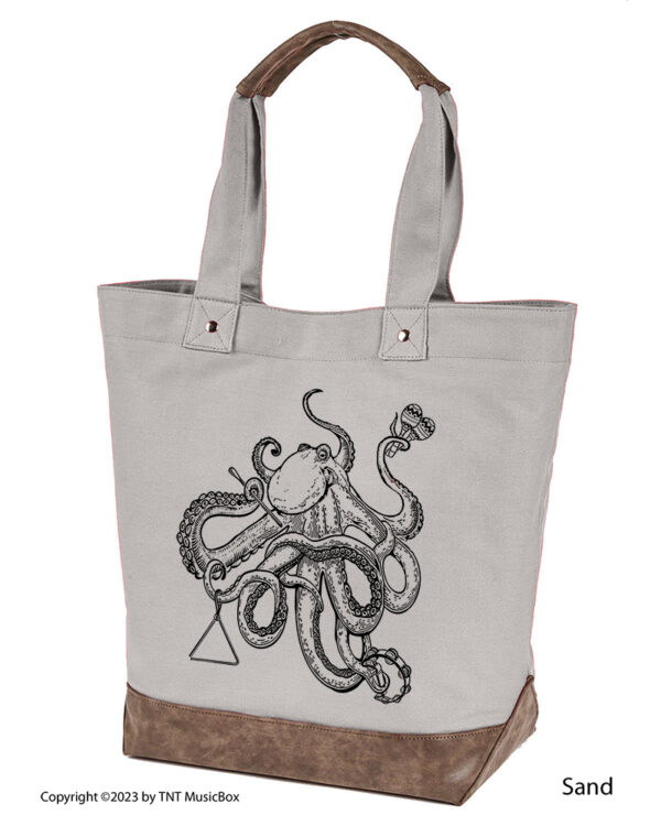 Octopus Playing Percussion graphic on Sand colored 14oz. canvas tote. Comes Cotton lined with zippered pocket and magnetic snap closure.