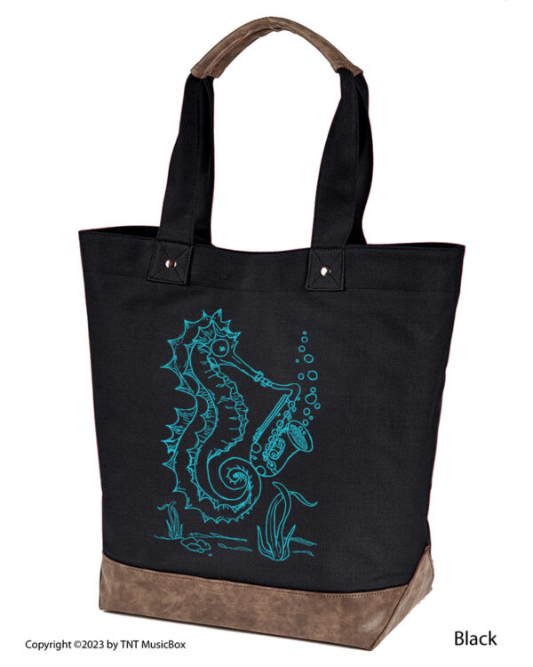 Seahorse Playing Saxophone graphic on Black colored canvas tote.