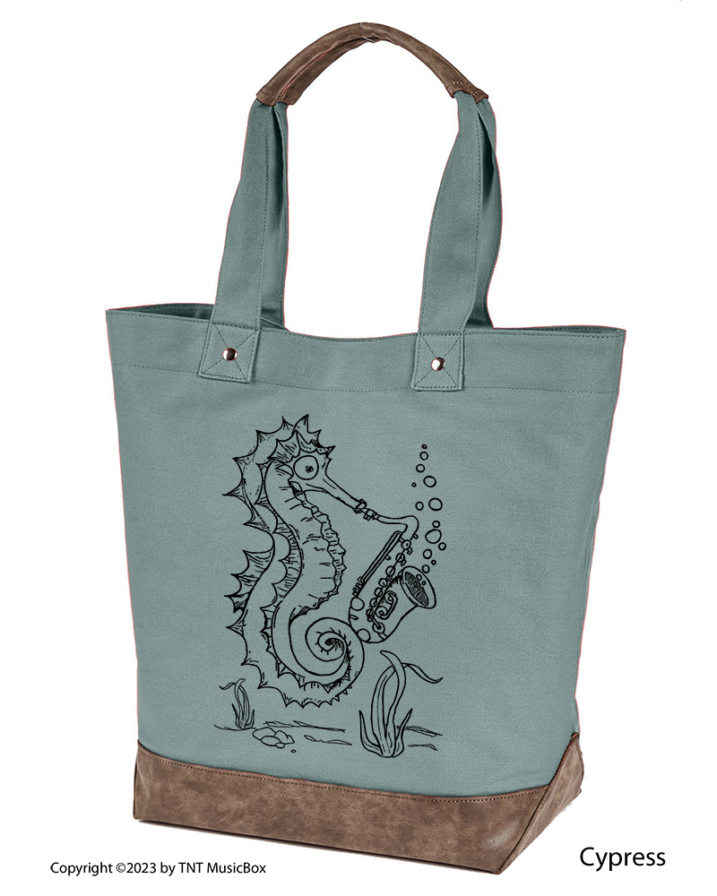 Seahorse Playing Saxophone graphic on Cypress colored canvas tote.