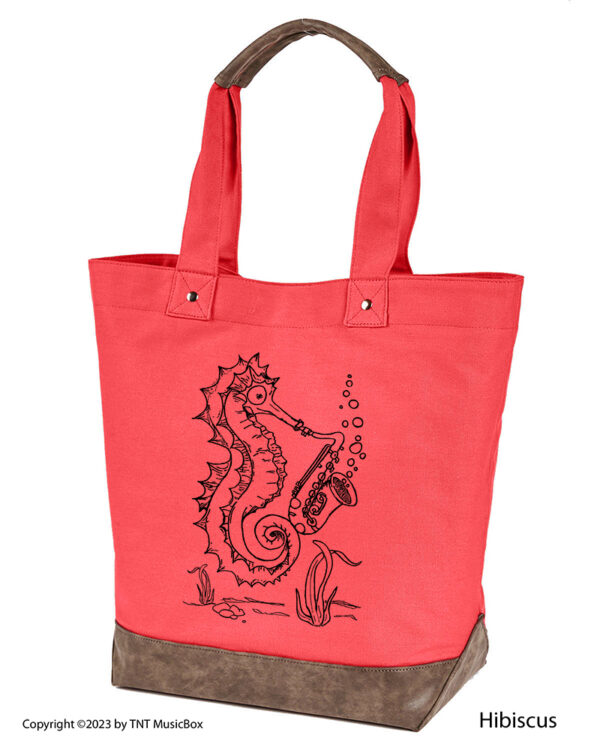 Seahorse Playing Saxophone graphic on Hibiscus colored canvas tote.