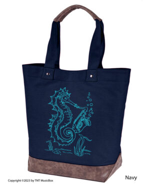 Seahorse Playing Saxophone graphic on Navy colored canvas tote.