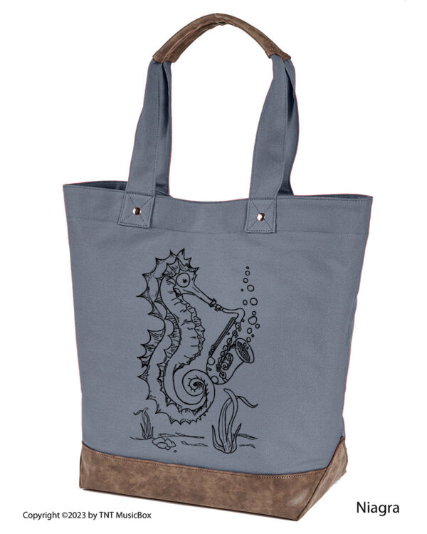 Seahorse Playing Saxophone graphic on Niagra colored canvas tote.