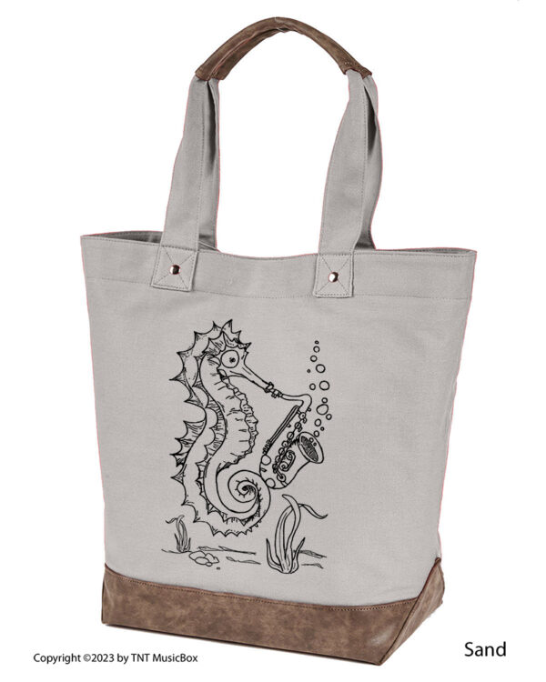 Seahorse Playing Saxophone graphic on Sand canvas tote
