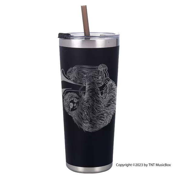 Sloth Playing Tuba on a black 20 0z. double wall stainless steel Tumbler.