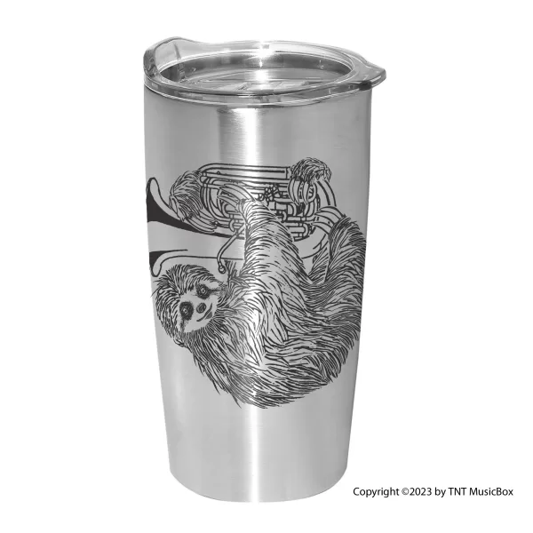 Sloth Playing Tuba on a silver 20 0z. double wall stainless steel Tumbler.