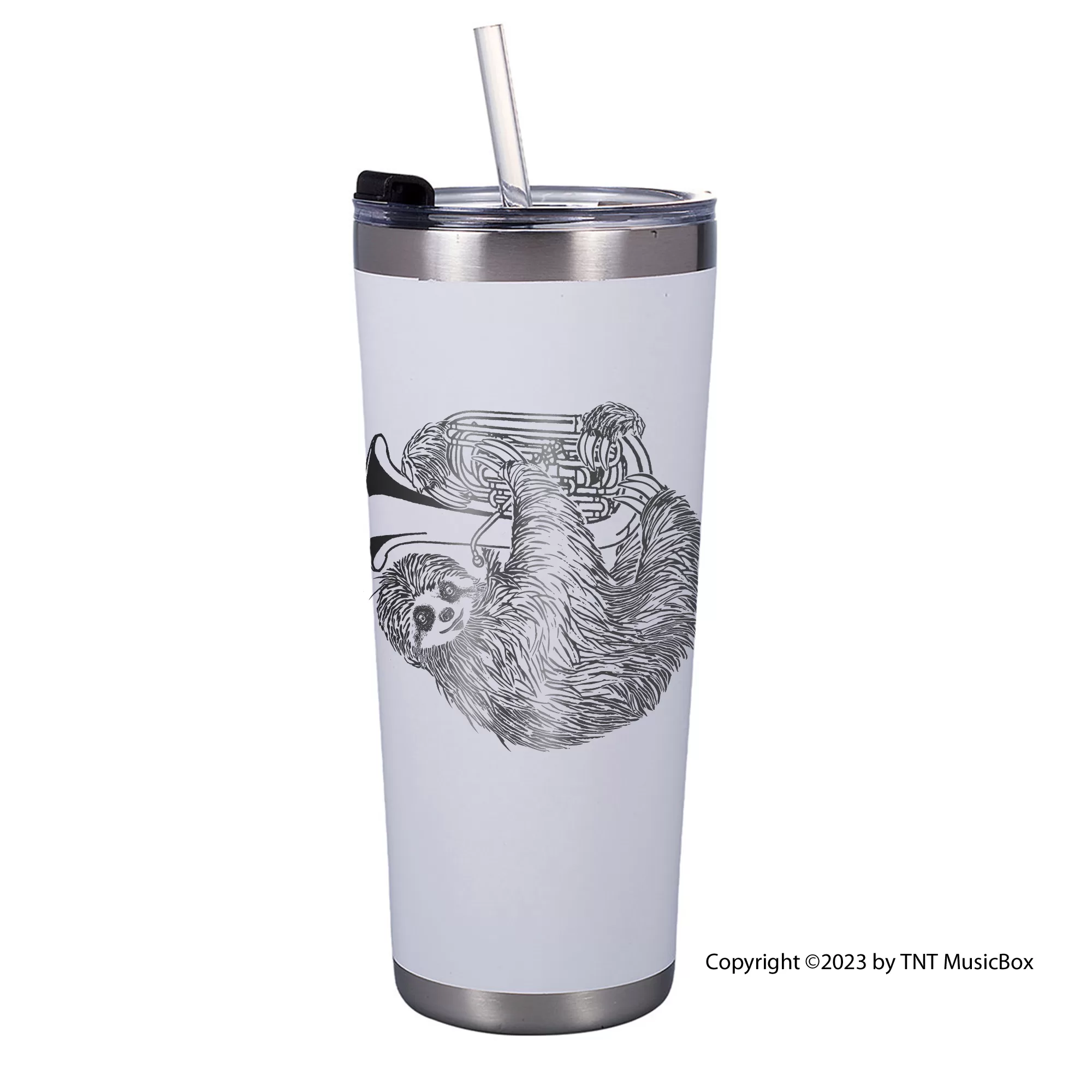 Sloth Playing Tuba on a White 20 0z. double wall stainless steel Tumbler.