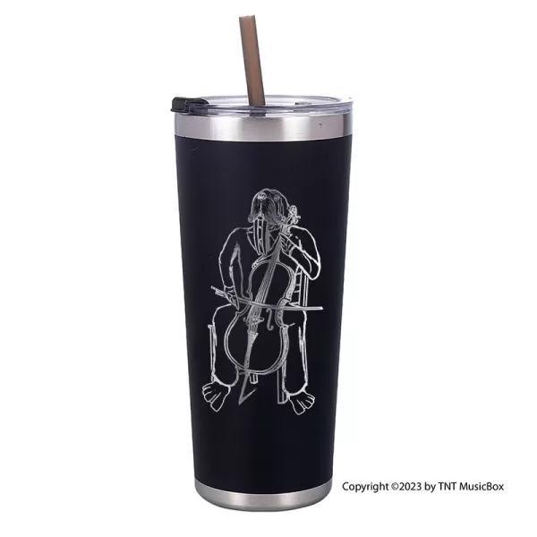Walrus Playing Cello on a black 20 0z. double wall stainless steel tumbler.