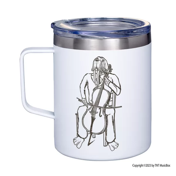 Walrus Playing Cello on a white 12 0z. double wall stainless steel mug.