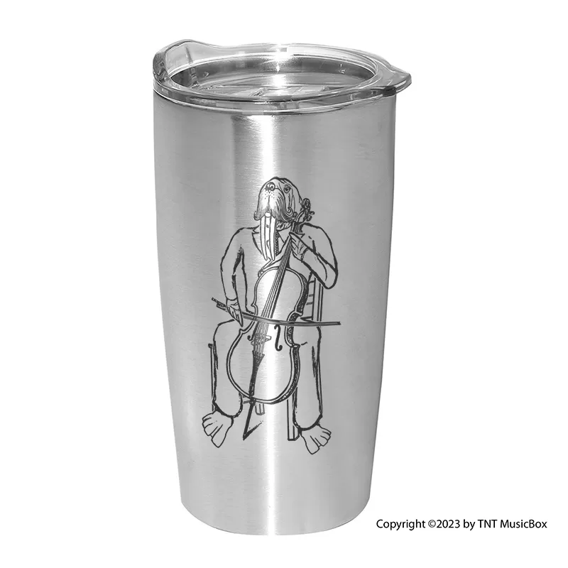 Walrus Playing Cello on a silver 20 0z. double wall stainless steel tumbler.