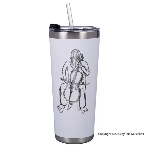 Walrus Playing Cello on a white 20 0z. double wall stainless steel tumbler.