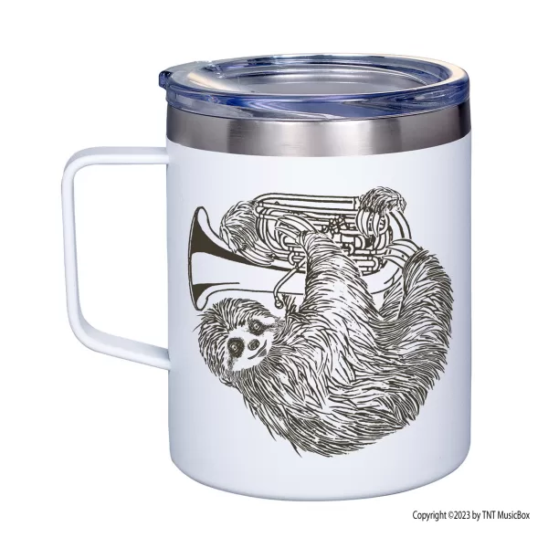 Sloth Playing Tuba on a White 12 0z. double wall stainless steel mug.