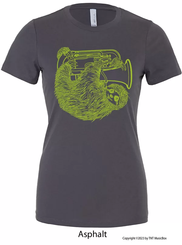 Sloth playing Euphonium a on an Asphalt Grey T-Shirt.