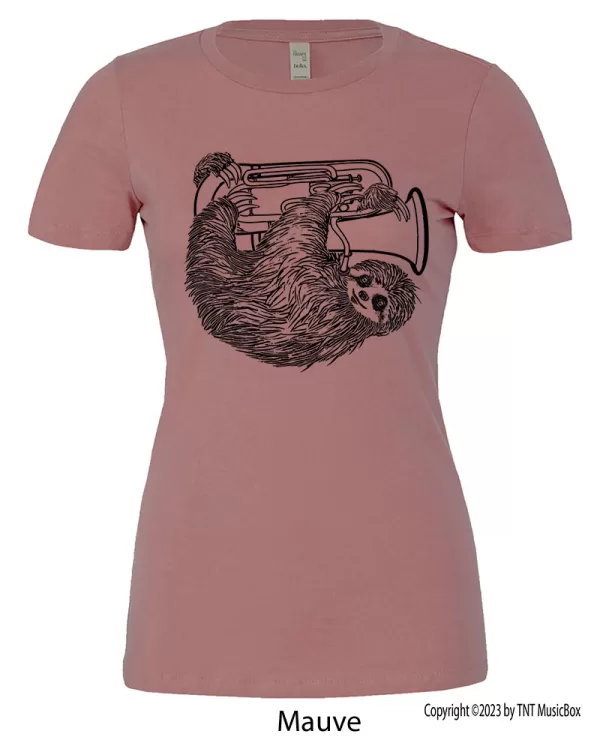 Sloth playing Euphonium a on a Mauve T-Shirt.