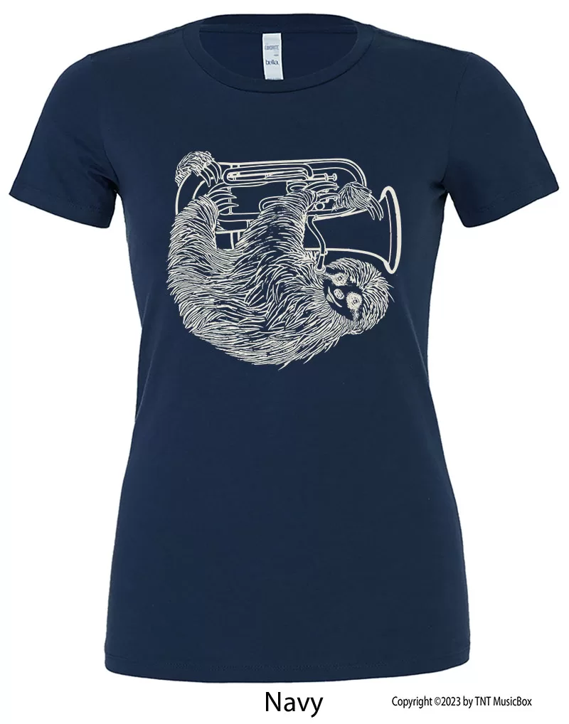 Sloth playing Euphonium a on a Navy T-Shirt.