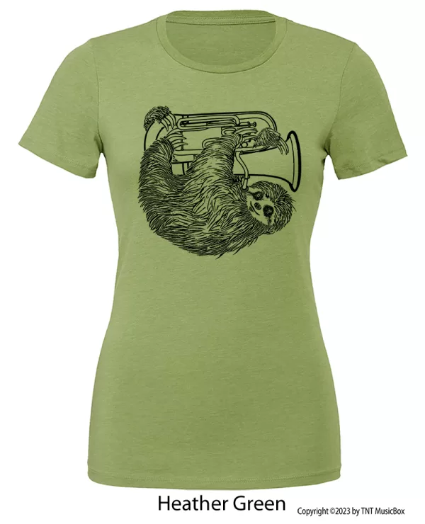 Sloth playing Euphonium a on a Heather Green T-Shirt.