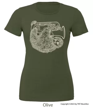 Sloth playing Euphonium a on an Olive T-Shirt.