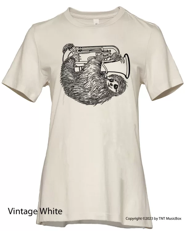 Sloth playing Euphonium a on a Vintage White T-Shirt.