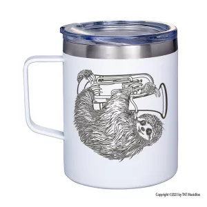 Sloth Playing Euphonium on a white 12 0z. double wall stainless steel mug.