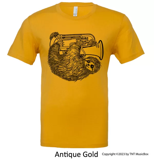 Sloth playing Euphonium a on an Antique Gold T-Shirt.