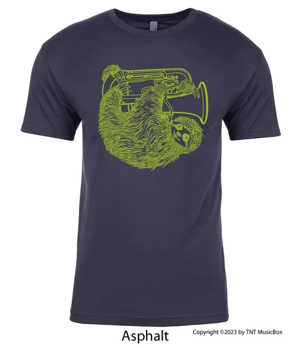 Sloth playing Euphonium a on an Asphalt Grey T-Shirt.