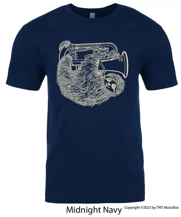 Sloth playing Euphonium a on a Navy T-Shirt.