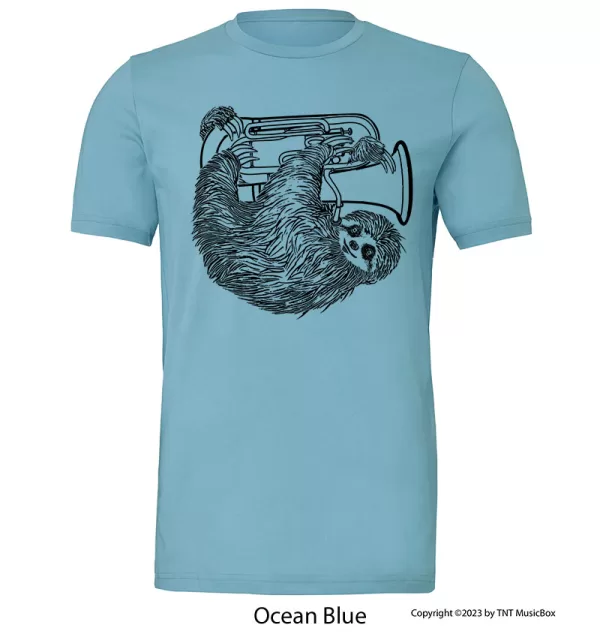Sloth playing Euphonium a on an Ocean Blue T-Shirt.
