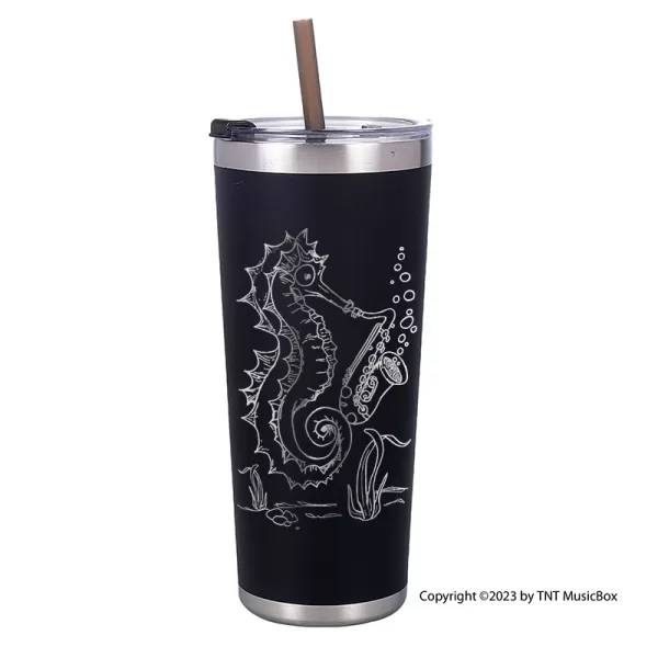 Seahorse Playing Saxophone on a Black 20 0z. double wall stainless steel tumbler.