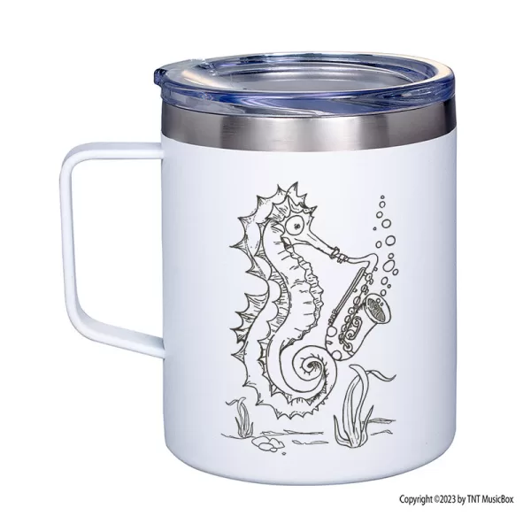Seahorse Playing Saxophone on a White 12 0z. double wall stainless steel mug.