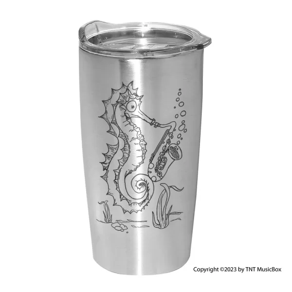 Seahorse Playing Saxophone on a Silver 20 0z. double wall stainless steel tumbler.