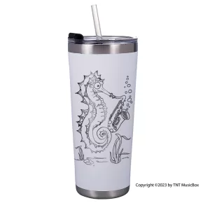 Seahorse Playing Saxophone on a White 20 0z. double wall stainless steel tumbler.