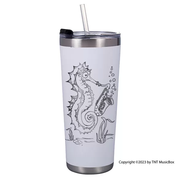 Seahorse Playing Saxophone on a White 20 0z. double wall stainless steel tumbler.