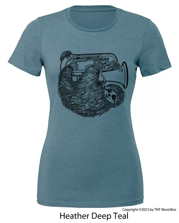 Sloth playing Euphonium a on a Heather Deep Teal T-Shirt.