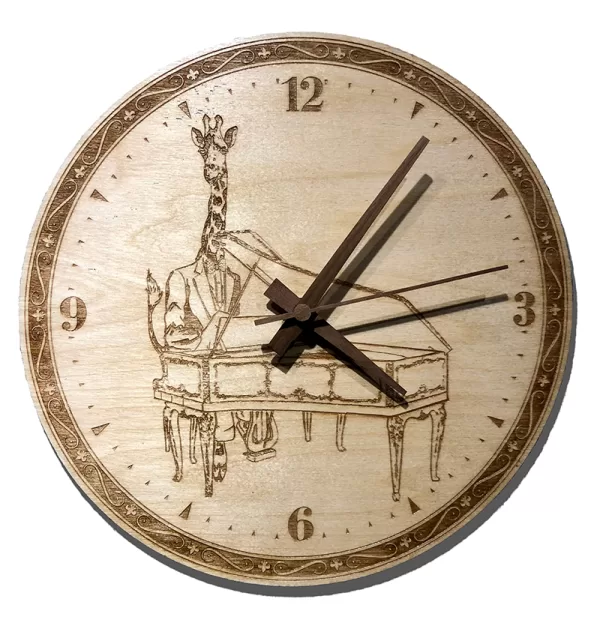 Giraffe Playing Piano Wall Clock. Laser engraved, 11.25" in diameter. 6mm Baltic Birch.