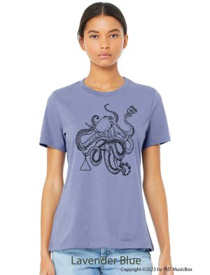 Octopus playing percussion on a Lavender Blue tee